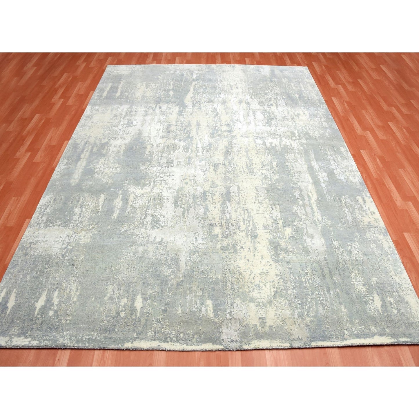 9'X12'1" Gray Modern Abstract Design Wool And Silk Hand Knotted Rug