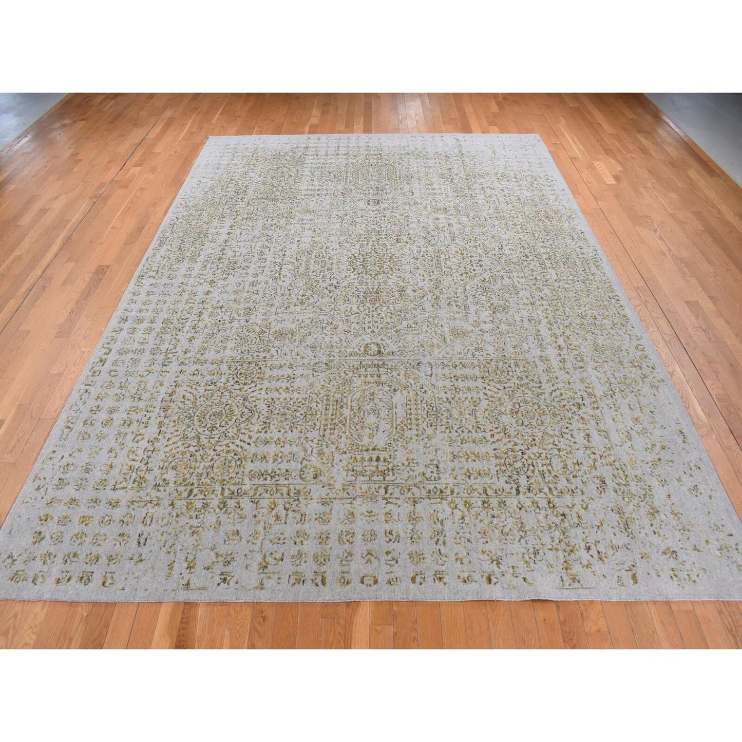 9'10"X14' Silk Gray Broken Mamluk Design Hand Loomed Wool And Silk Rug