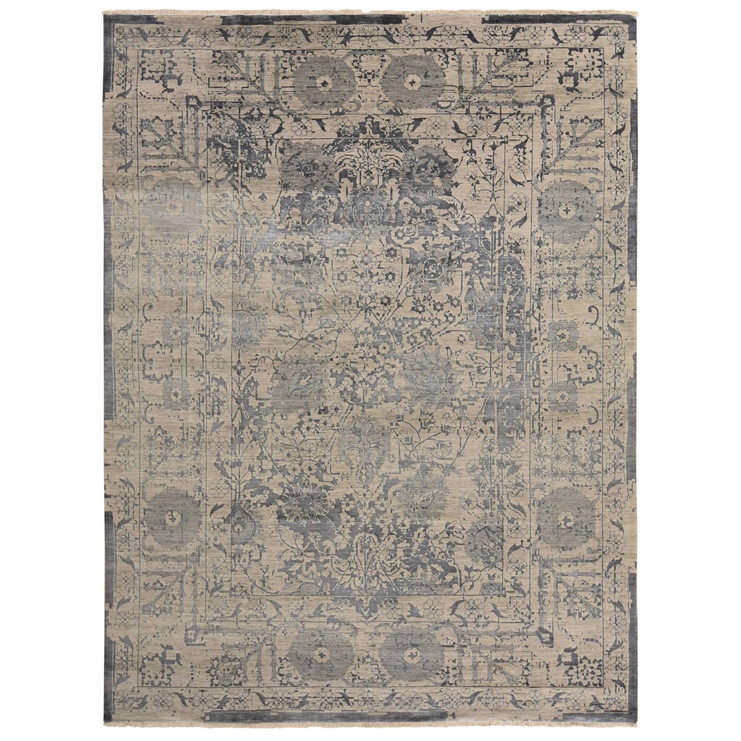 9'1"X12' Tan Color Erased Zoroastrian Design Wool & Silk Hand Knotted Rug