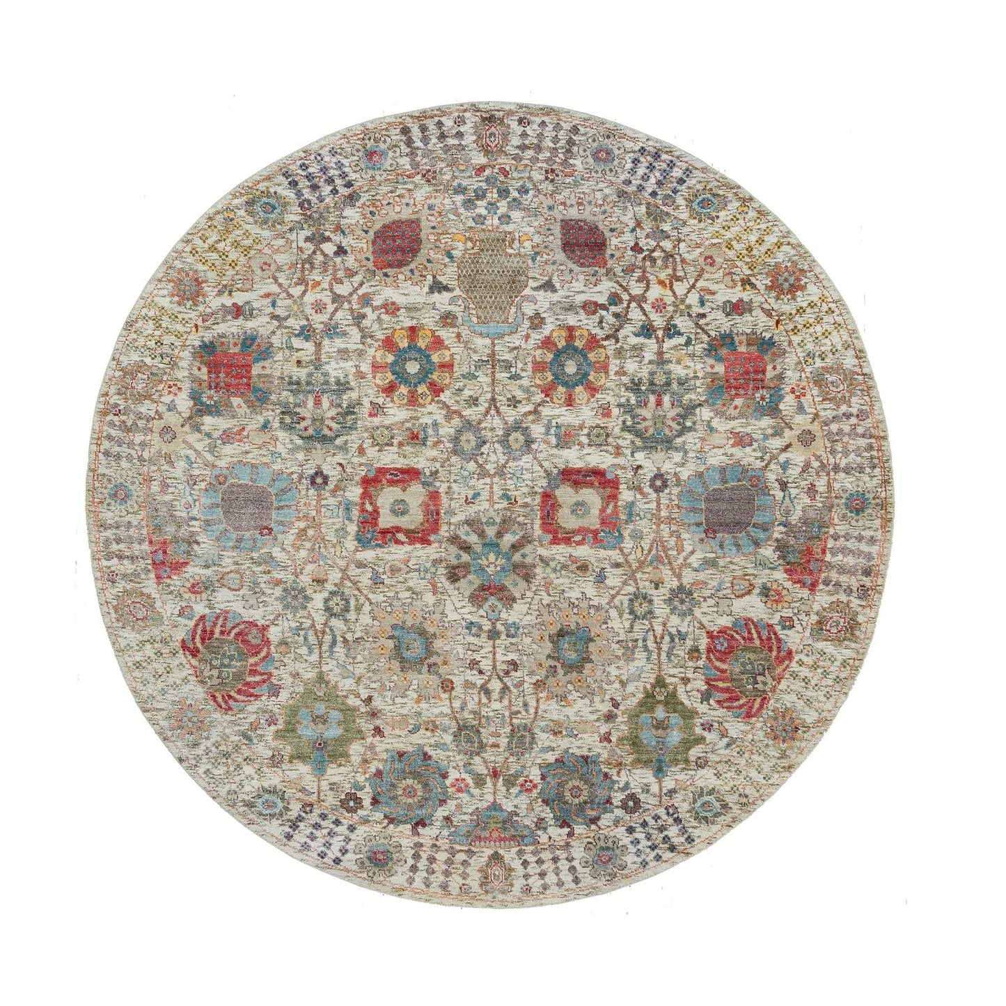 6'X6' Porcelain White Silk And Wool Hand Knotted Tebraz Vase Round Rug