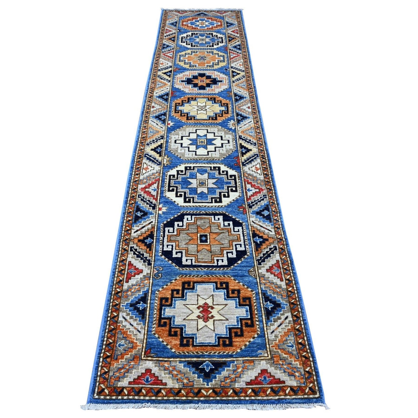 2'5"X11'8" Blue Hand Knotted Afghan Ersari Elephant Feet Wool Runner Rug