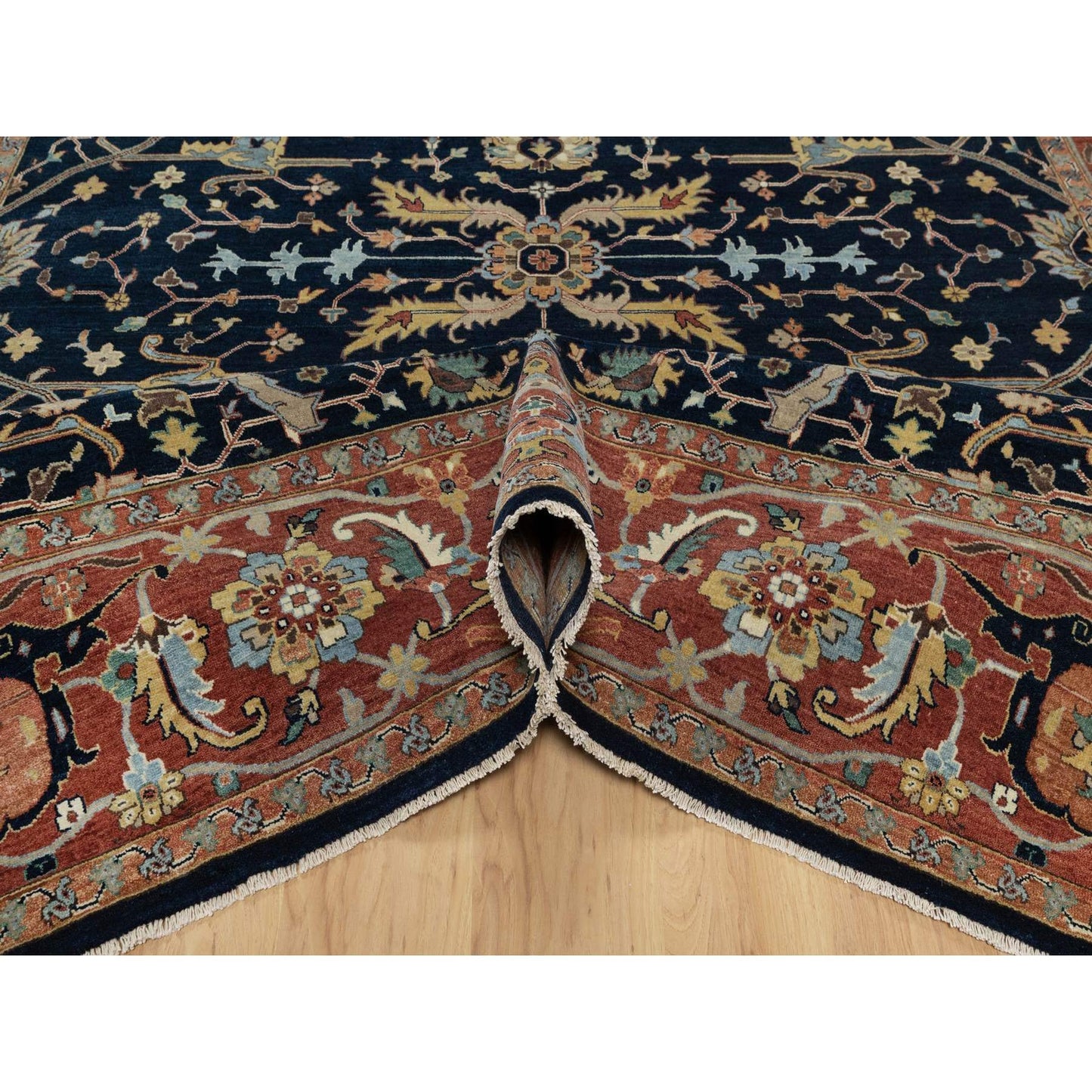 9'X12'2" Midnight Blue Antiqued Heris Re-Creation Hand Knotted Wool Rug