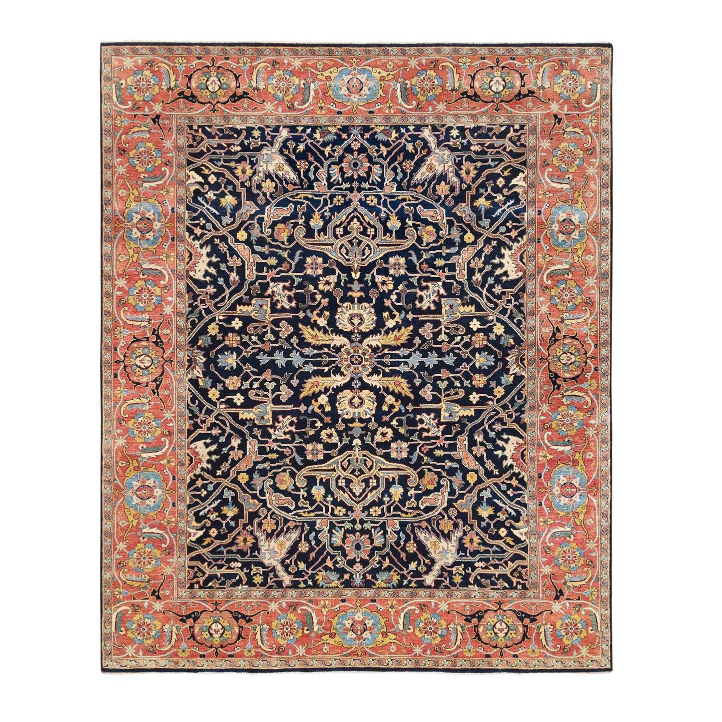 8'1"X10'1" Blue Antiqued Heris Re-Creation Soft Wool Hand Knotted Rug