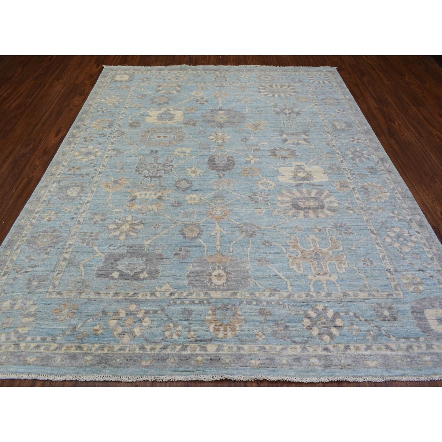 8'X9'8" Light Blue Soft Wool Hand Knotted Afghan Angora Oushak Rug