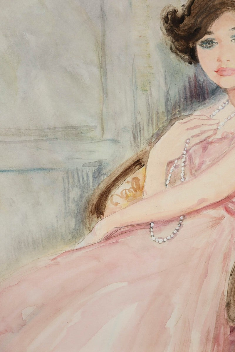 Bernard Charoy Original Watercolor Painting "Lady In Pink Dress" Signed French