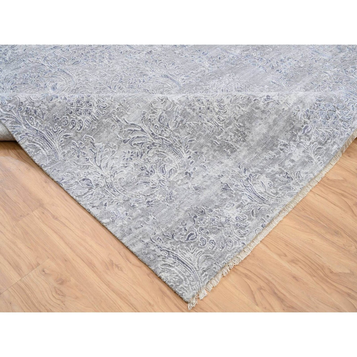 10'X13'10" Ivory Hand Knotted Damask Design Wool And Plant Based Silk Rug