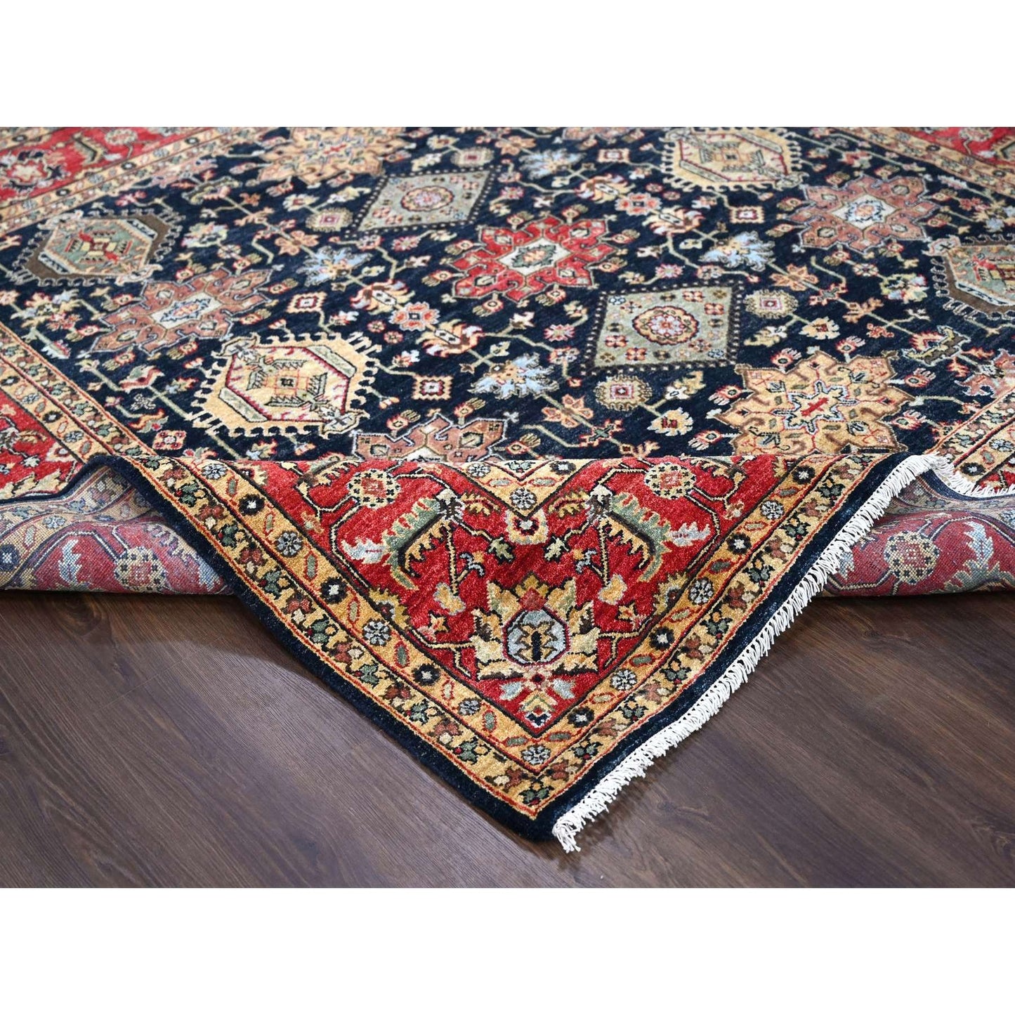 8'X8' Black Wool Karajeh Design Hand Knotted Square Oriental Rug