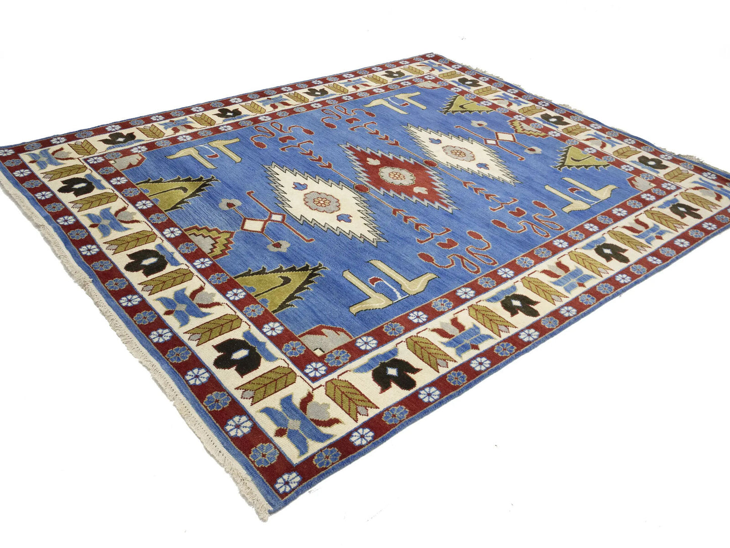 Farmho Boho Blue Geometric Kazak Oriental Rug