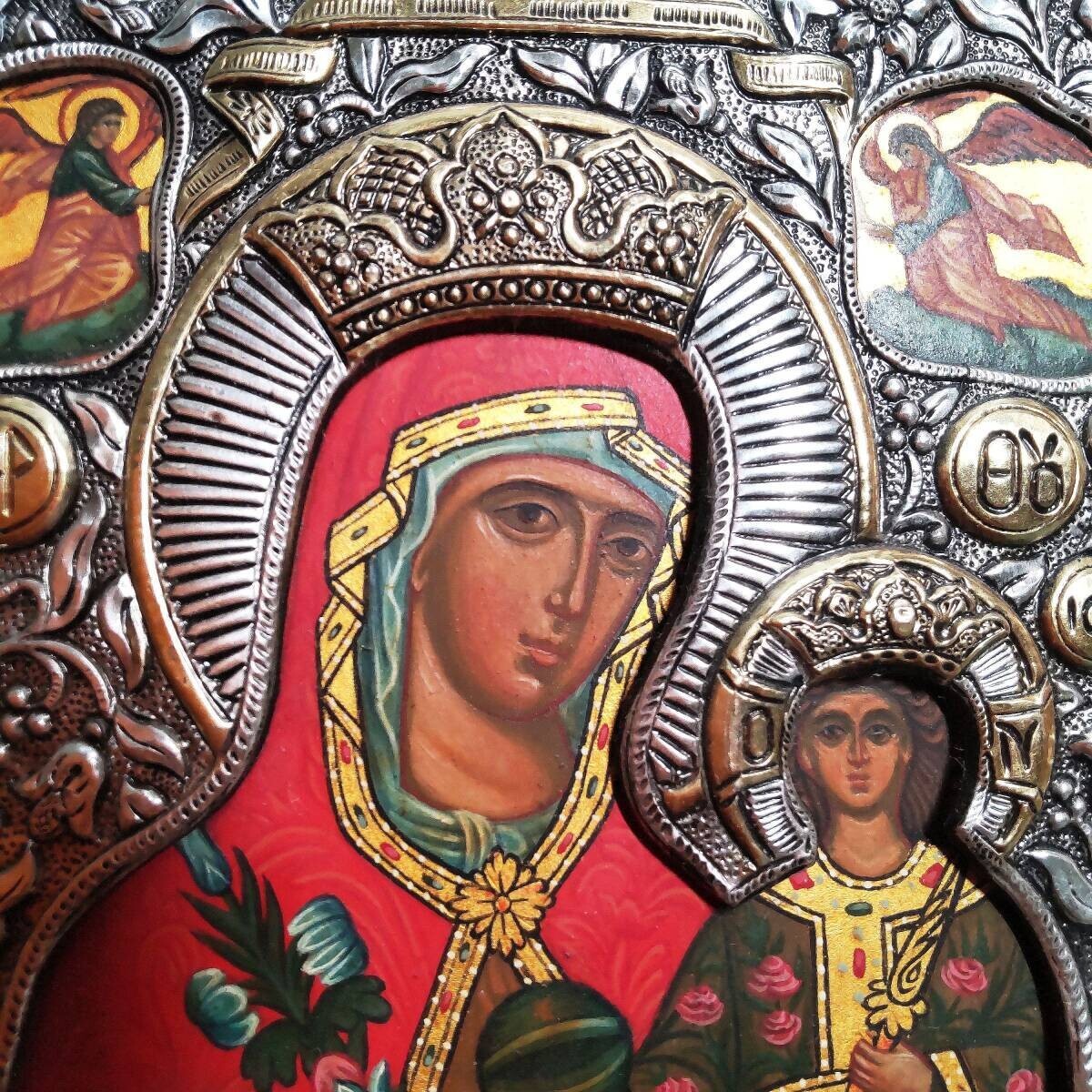 Antique Icon Jesus Christ Virgin Mary Hand Painting
