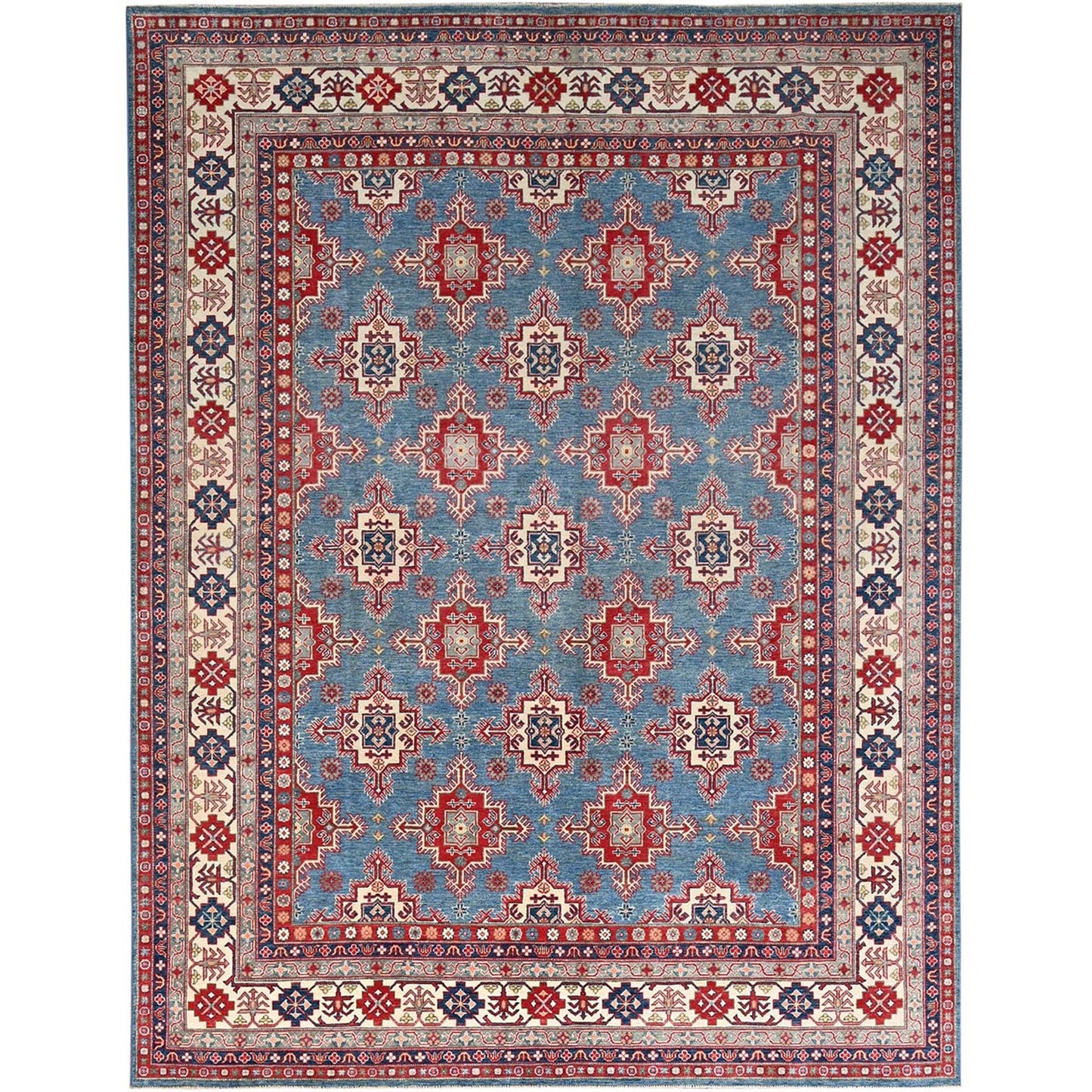 9'2"X11'9" Blue Hand Knotted Geometric Medallions Pure Wool Oriental Rug