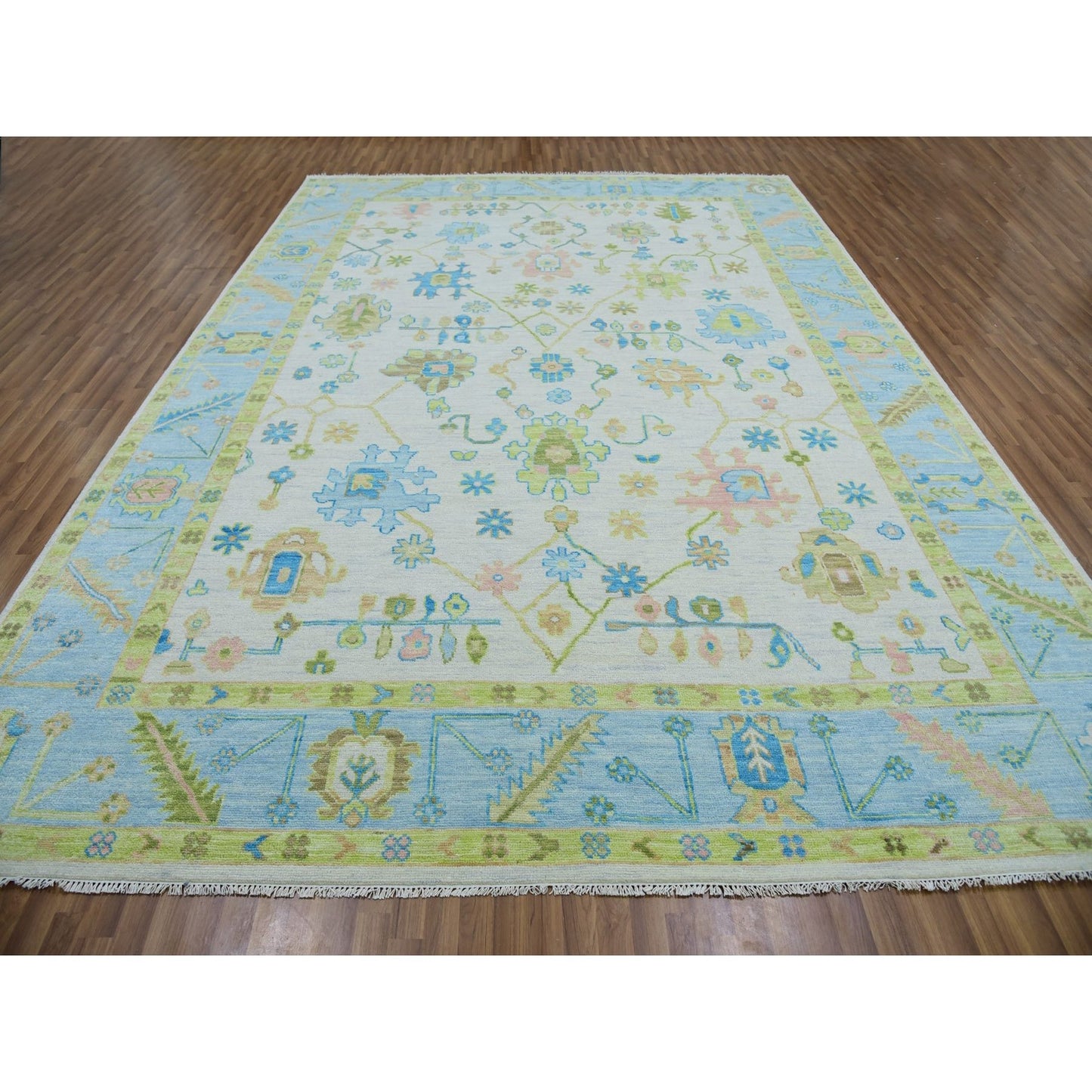 10'1"X14' Ivory Oushak Weave & Design Hand Knotted Leaf Pattern Wool Rug