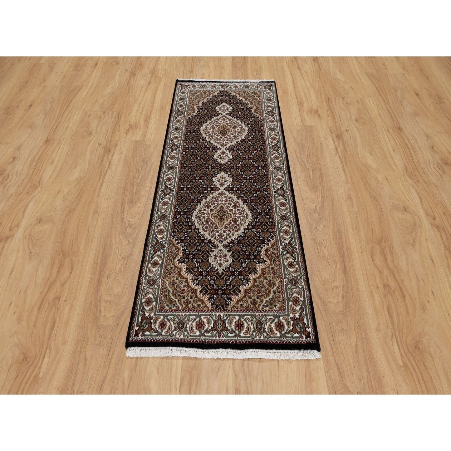 2'7"X6'3" Black Hand Knotted Tebraz Mahi Fish Design Pure Wool Runner Rug