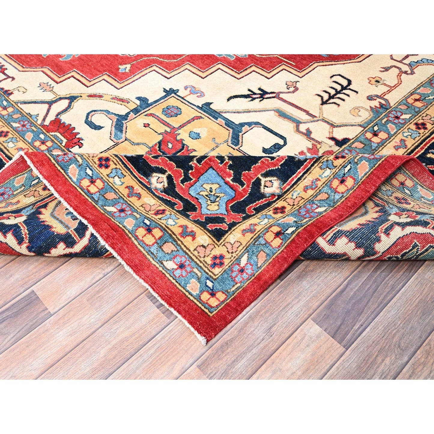 12'1"X15'9" Red Hand Knotted Wool Heris Seeripe Geometric Oversized Rug