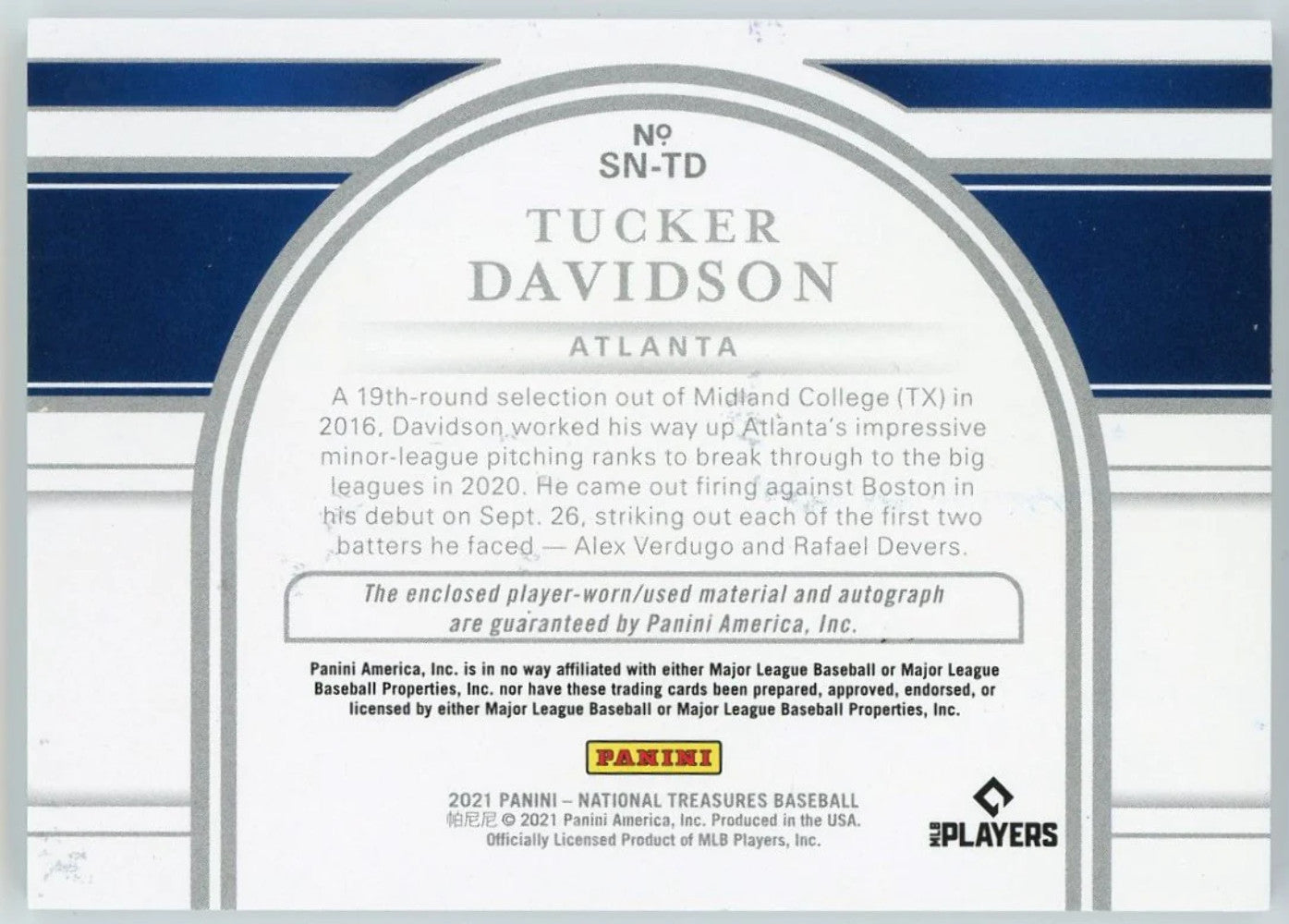 Tucker Davidson Autographed 2021 Panini National Treasures Card #Sn-Td