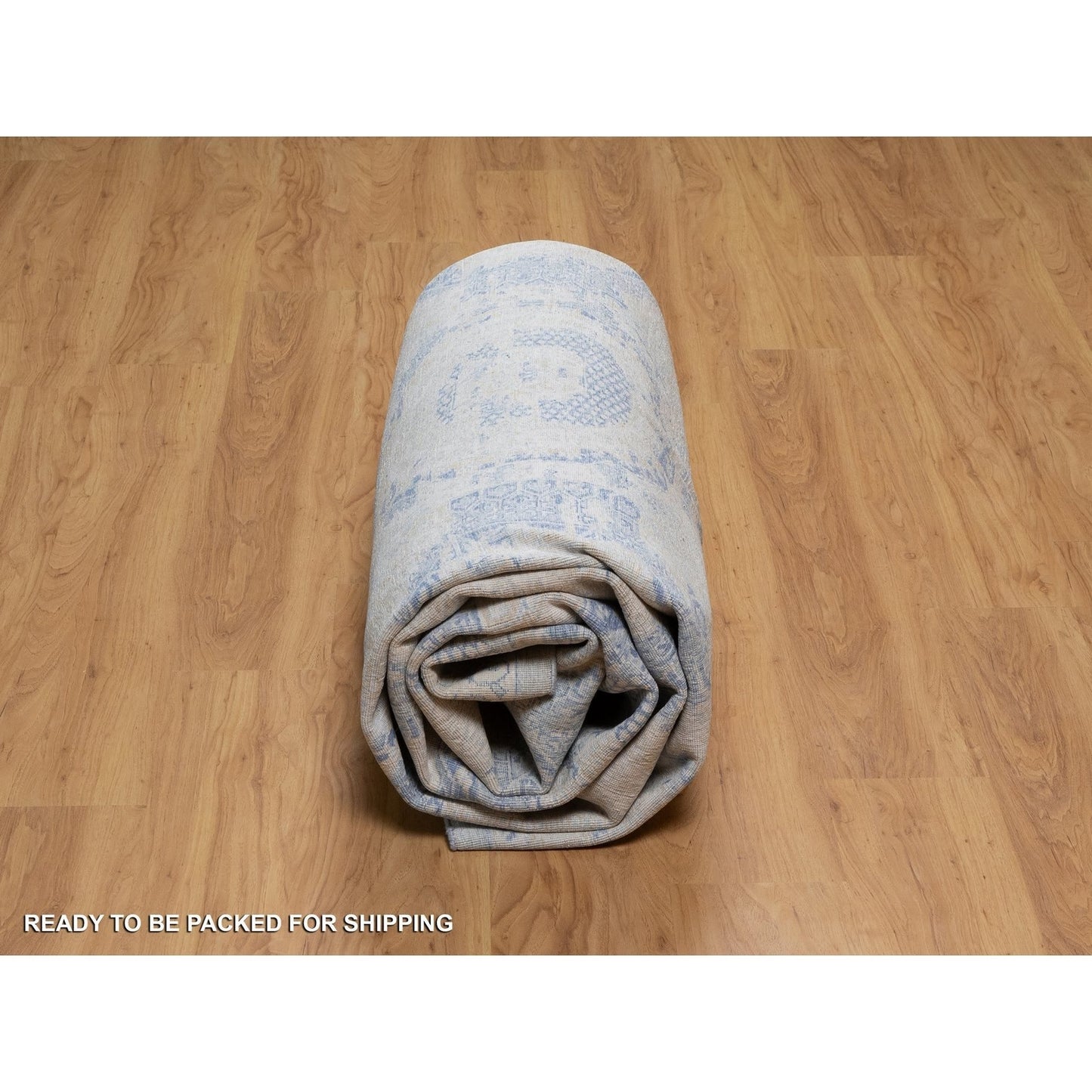 9'X11'9" Ivory-Blue Pure Natural Linen Mamluk Design Hand Knotted Rug
