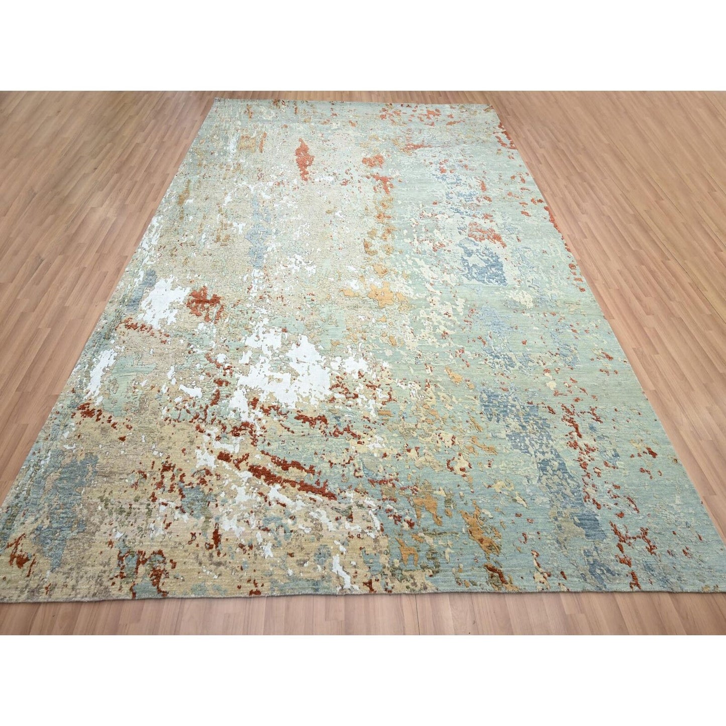 9'X12'3" Green With Beige Abstract Design Pure Wool Hand Knotted Rug