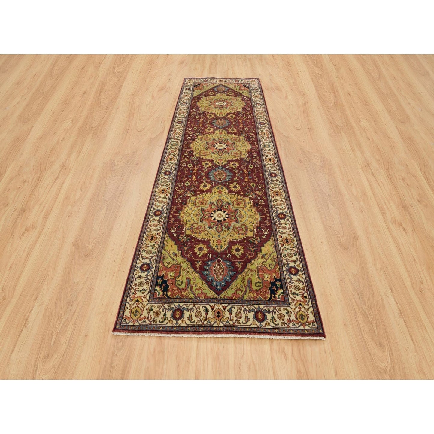 3'10"X12'1" Red Pure Wool Hand Knotted Heris Re-Creation Wide Runner Rug