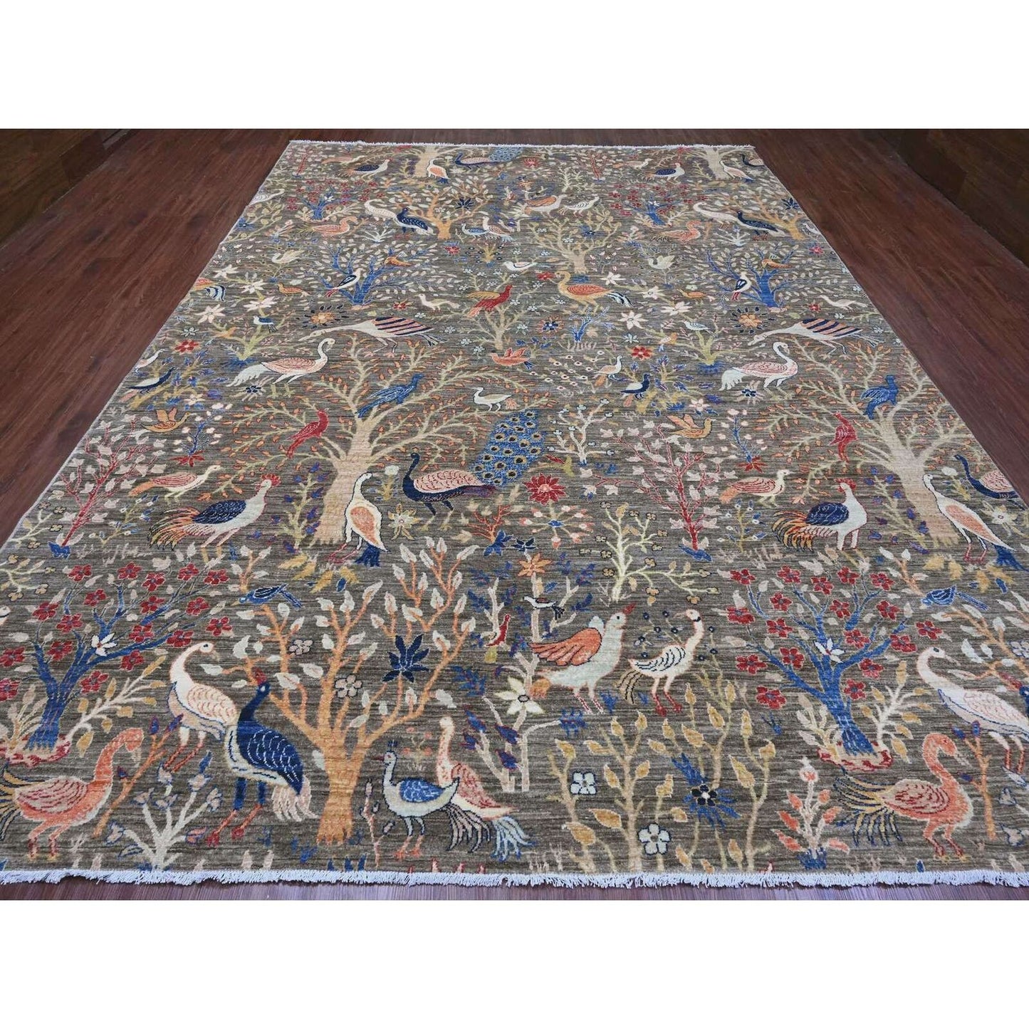 10'X13'6" Gray Hand Knotted Afghan Peshawar Birds Design Soft Wool Rug