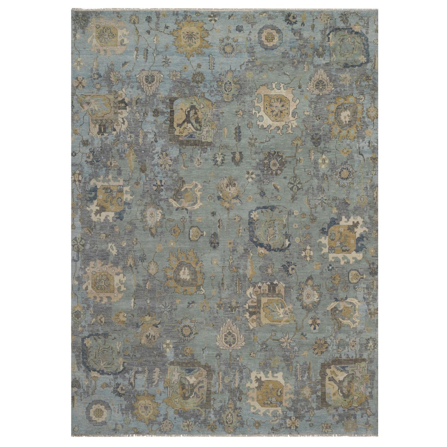 8'7"X12' Silt Green Pure Wool Rug Oushak With Leaf Pattern Hand Knotted
