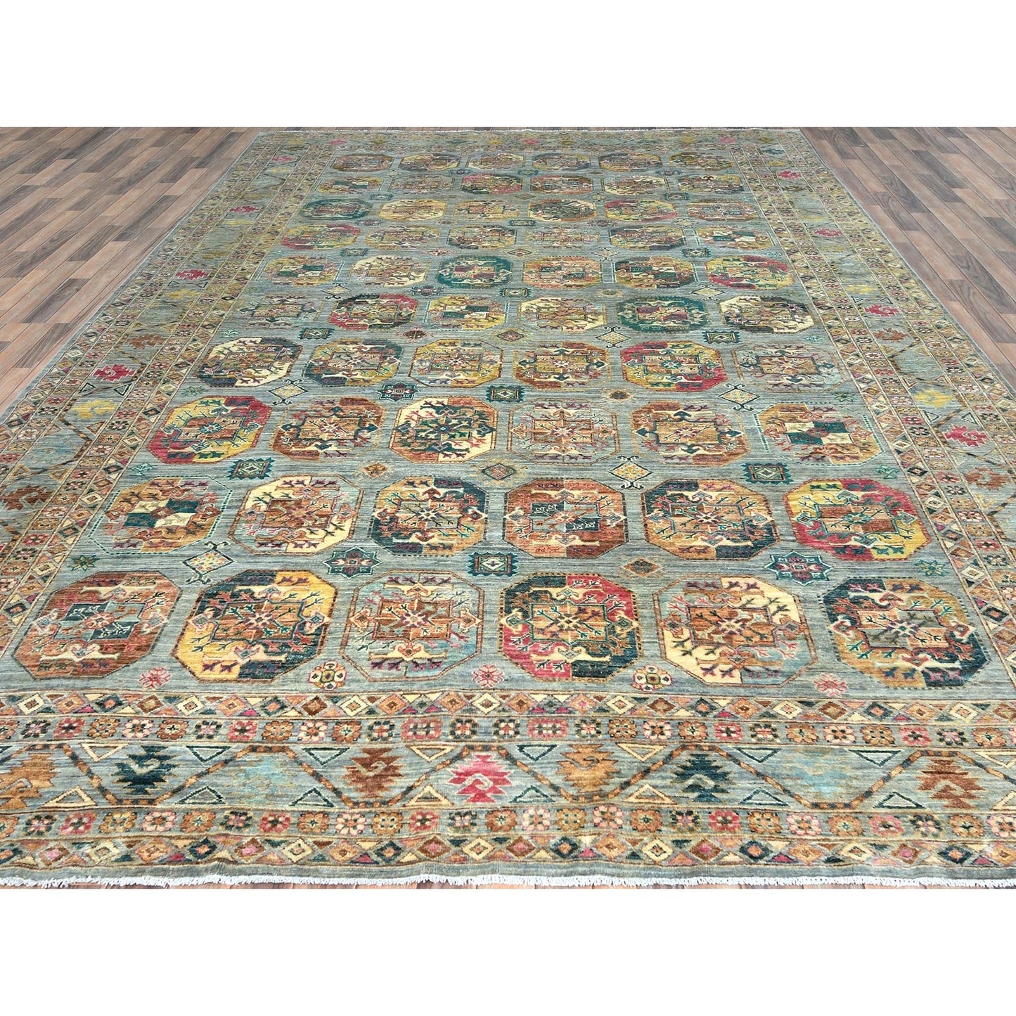 9'9"X14'1" Silver Blue Afghan Super Kazak Pure Wool Hand Knotted Rug