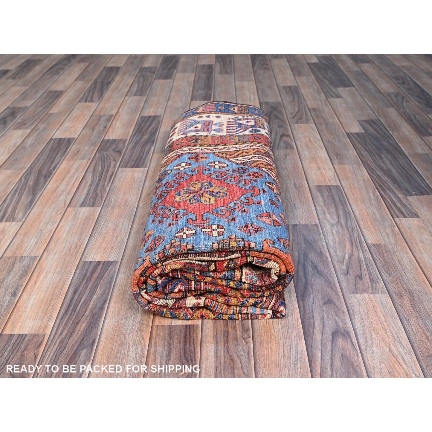5'10"X9' Azure Blue Hand Knotted Shiny Wool Turkish Knot Striped Rug