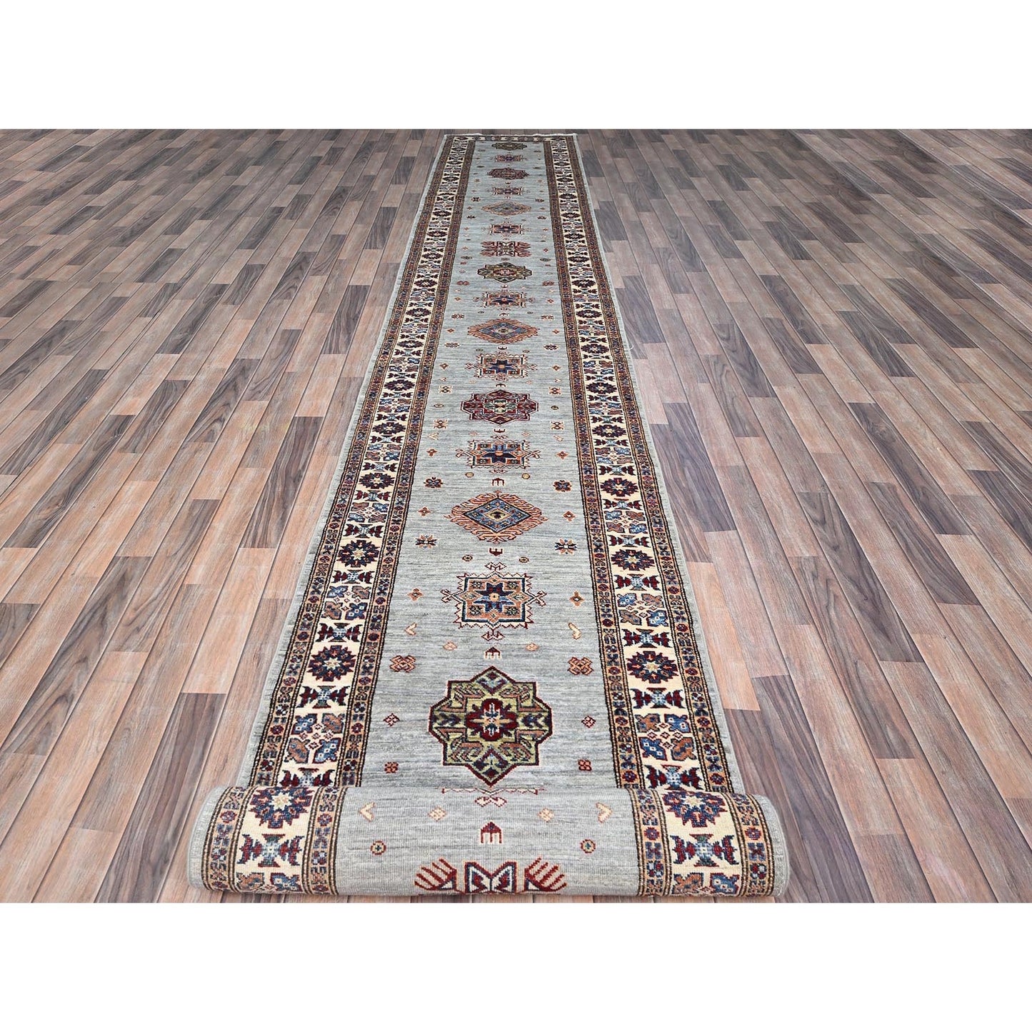 2'11"X22'7" Gray Xl Afghan Hand Knotted Super Kazak Oriental Runner Rug