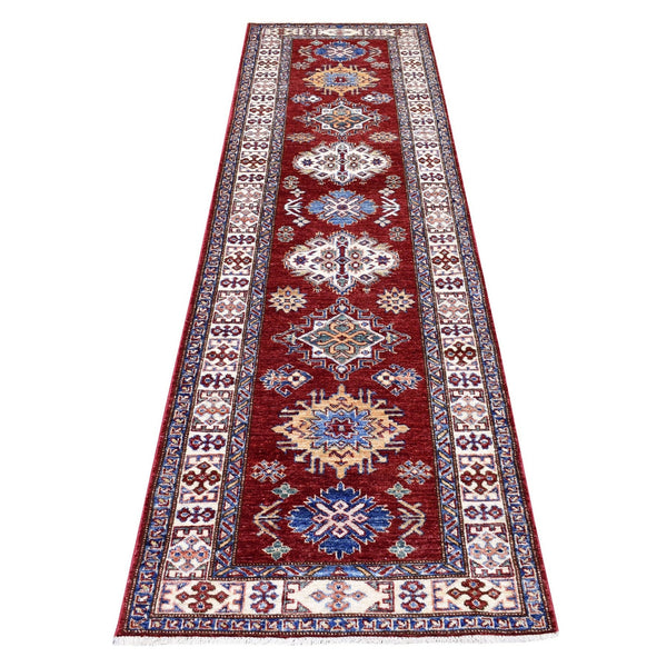 2'7"X8'10" Wool Hand Knotted Red Super Kazak Tribal Medallions Runner Rug