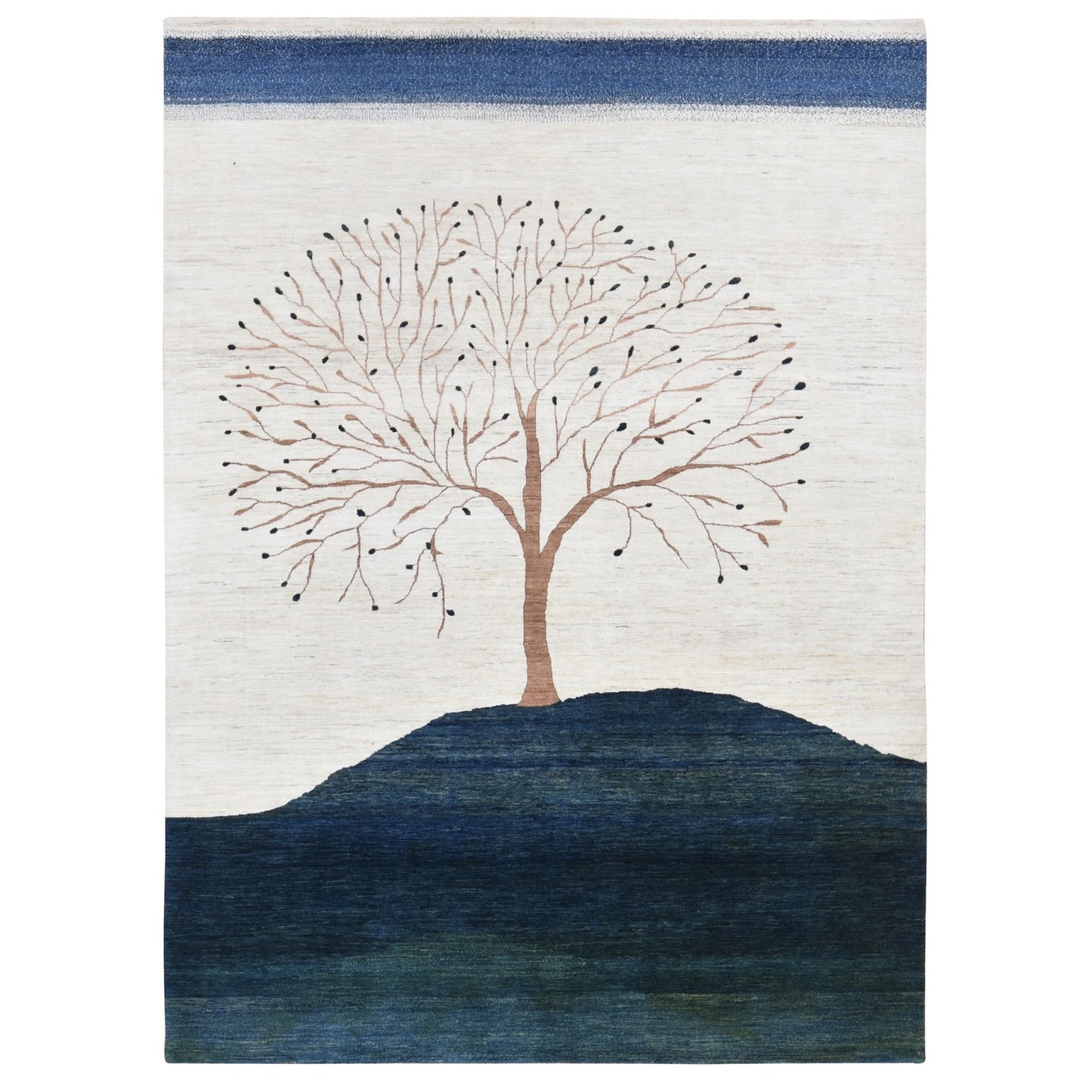 9'8"X13'8" Ivory Hand Knotted Modern Folk Art Tree Design Gabbeh Wool Rug