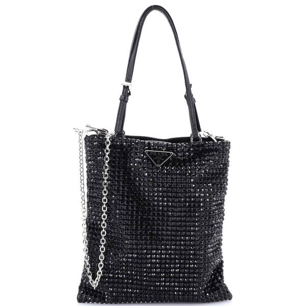 Prada Convertible Open Tote Crystal Embellished Satin Mini