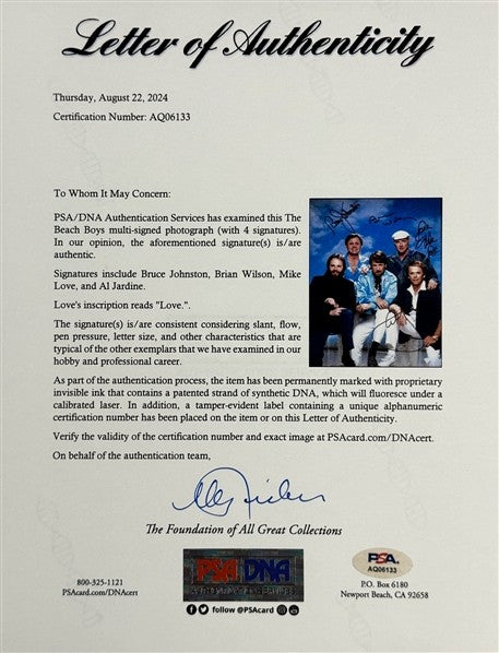 Beach Boys Multi-Signed 11X14 Photo Wilson/Love/Jardine/Johnston Psa/Dna 199691