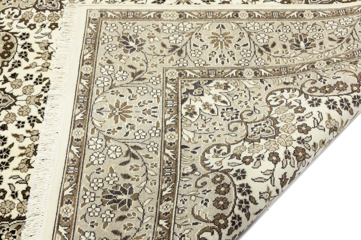 Hand-Knotted Kirman Square Rug Cream Floral Wool