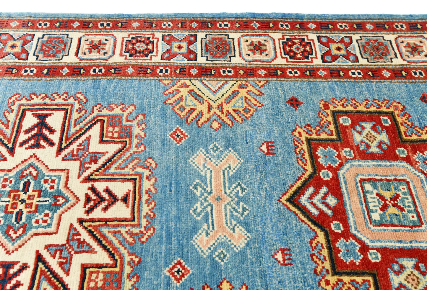 Tribal Geometric Kazak Runner Rug Blue Farmho