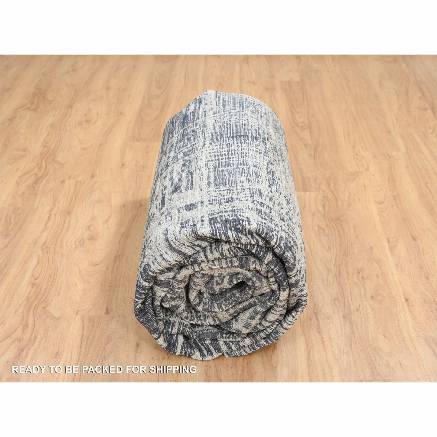 10'X13'9" Black Modern Erased Lines Design Wool And Silk Hand Loomed Rug