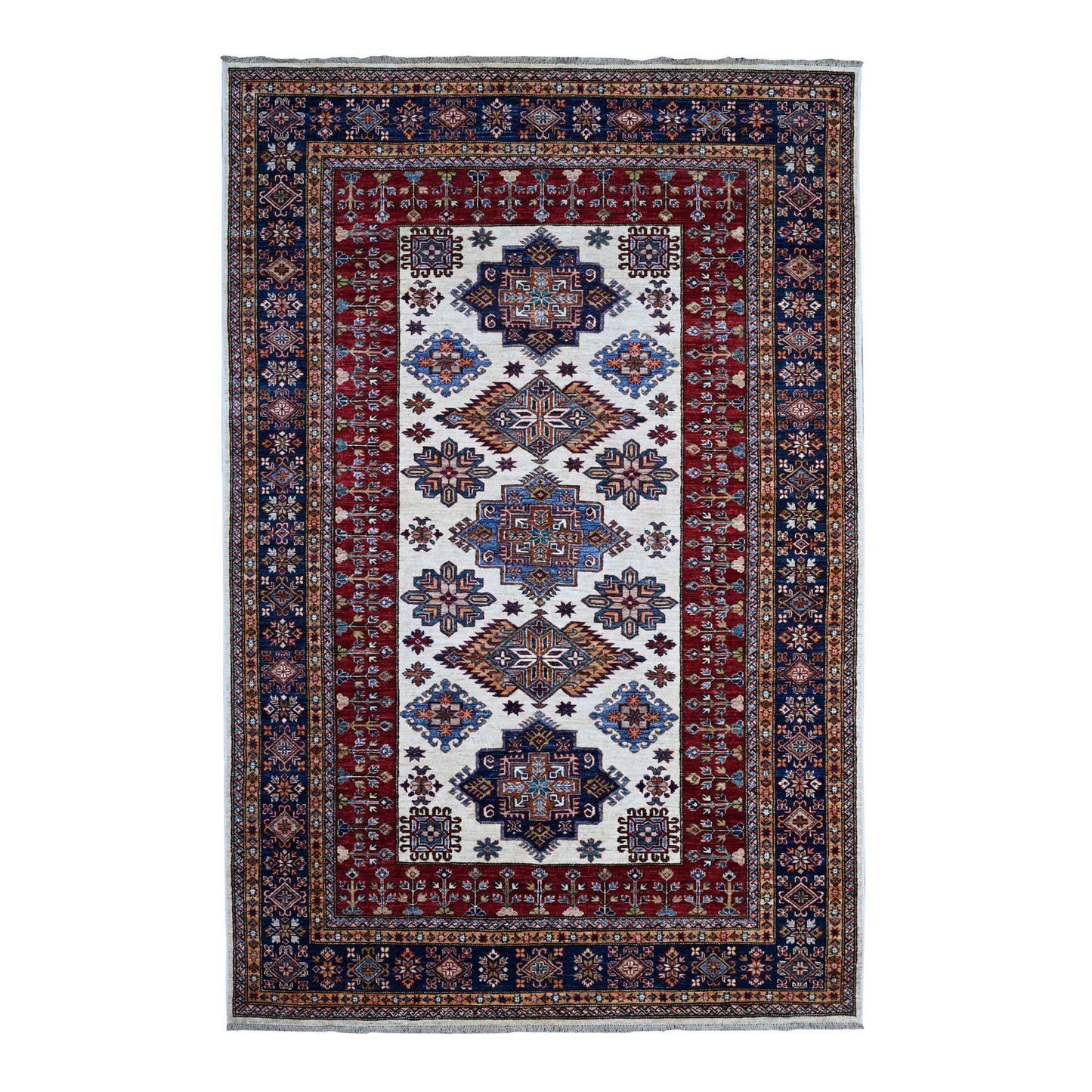 5'10"X9' Cloud White Hand Knotted Wool Super Kazak Geometric Oriental Rug