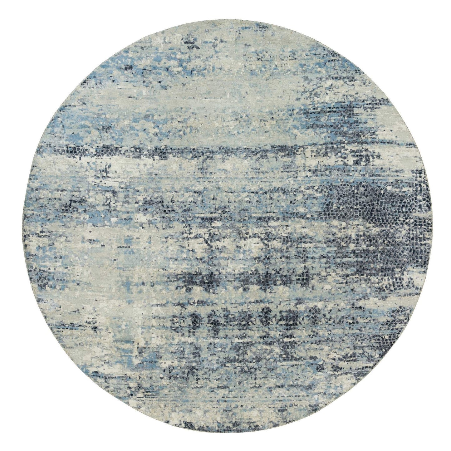 9'X9' Power Gray Wool And Silk Hand Knotted Mosaic Round Oriental Rug
