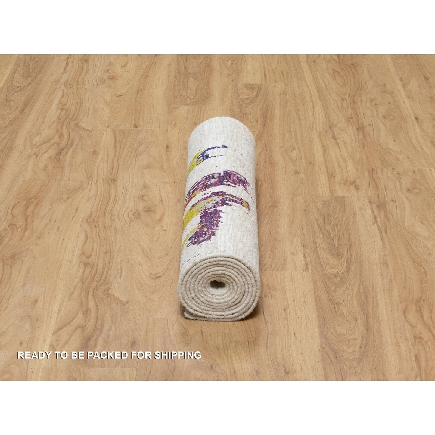2'6"X9'10" Ivory Abstract Motifs Wool And Silk Hand Knotted Runner Rug