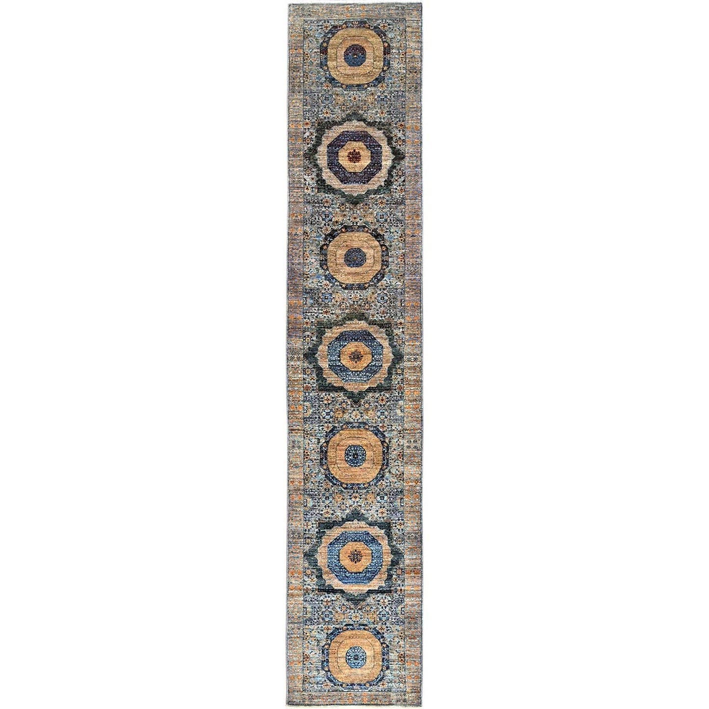 2'6"X13'9" Blue Mamluk Design Soft Wool Hand Knotted Runner Oriental Rug