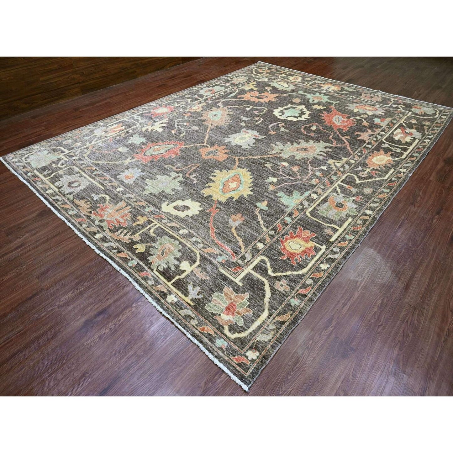 10'X13'5" Brown Afghan Angora Oushak Leaf Design Hand Knotted Wool Rug
