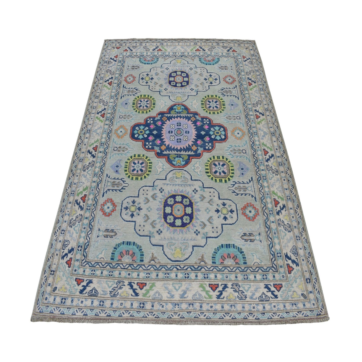 5'1"X6'6" Colorful Gray Fusion Kazak Pure Wool Hand Knotted Oriental Rug