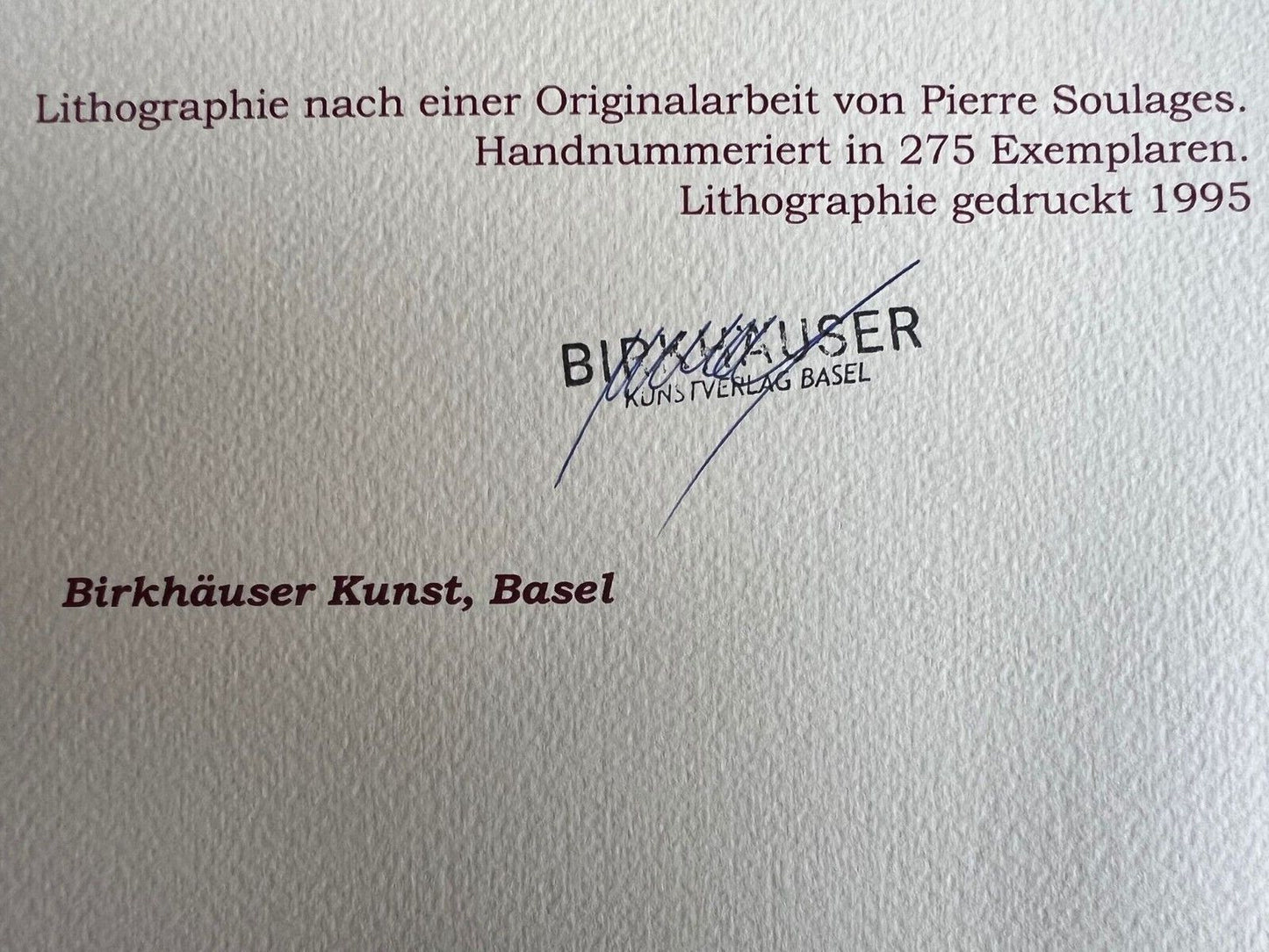 Pierre Soulages Coa Signed Op And Numbered In