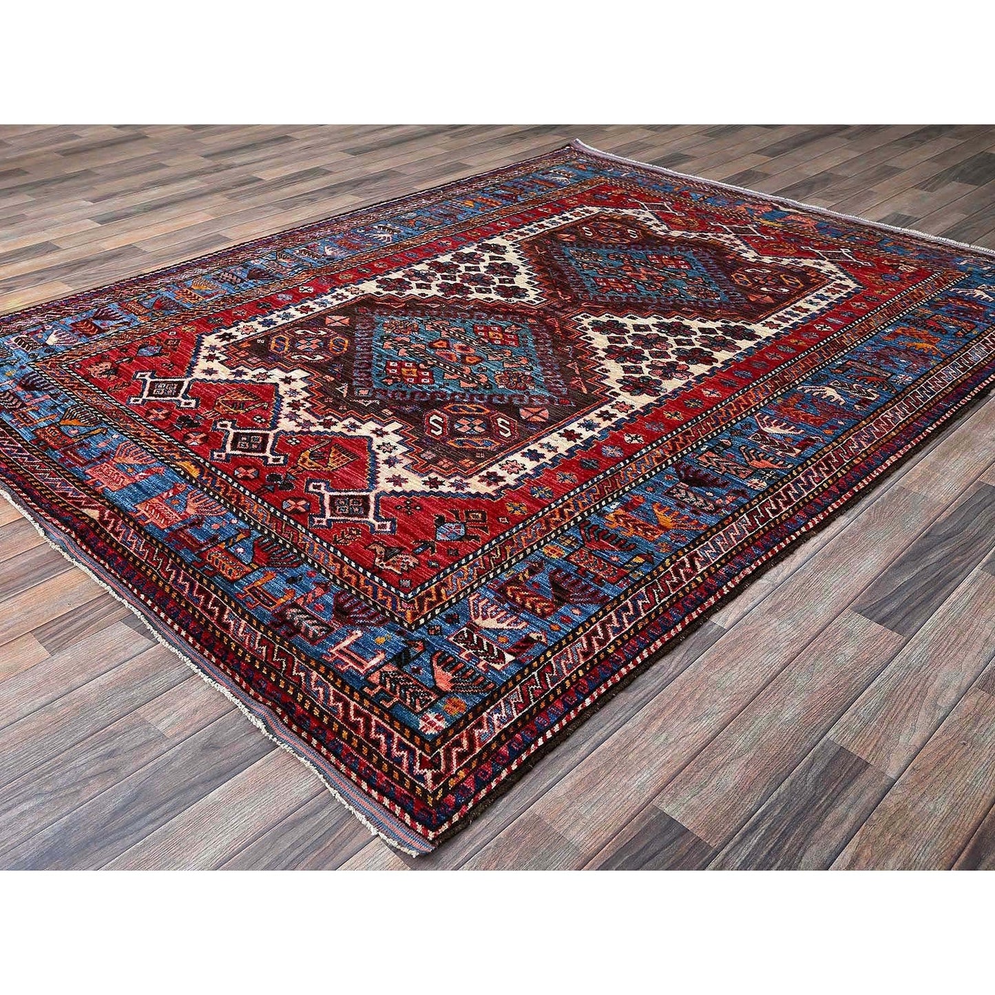 6'X7'8" Ivory Afghan Caucasian Design Revival Soft Wool Hand Knotted Rug