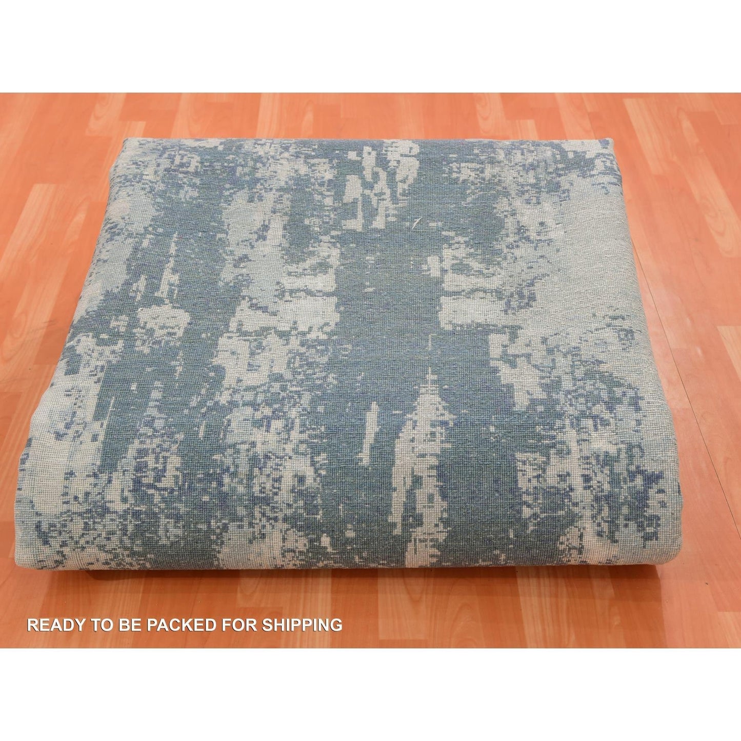 12'X12' Grotto Blue Abstract Design Silk And Wool Hand Knotted Square Rug