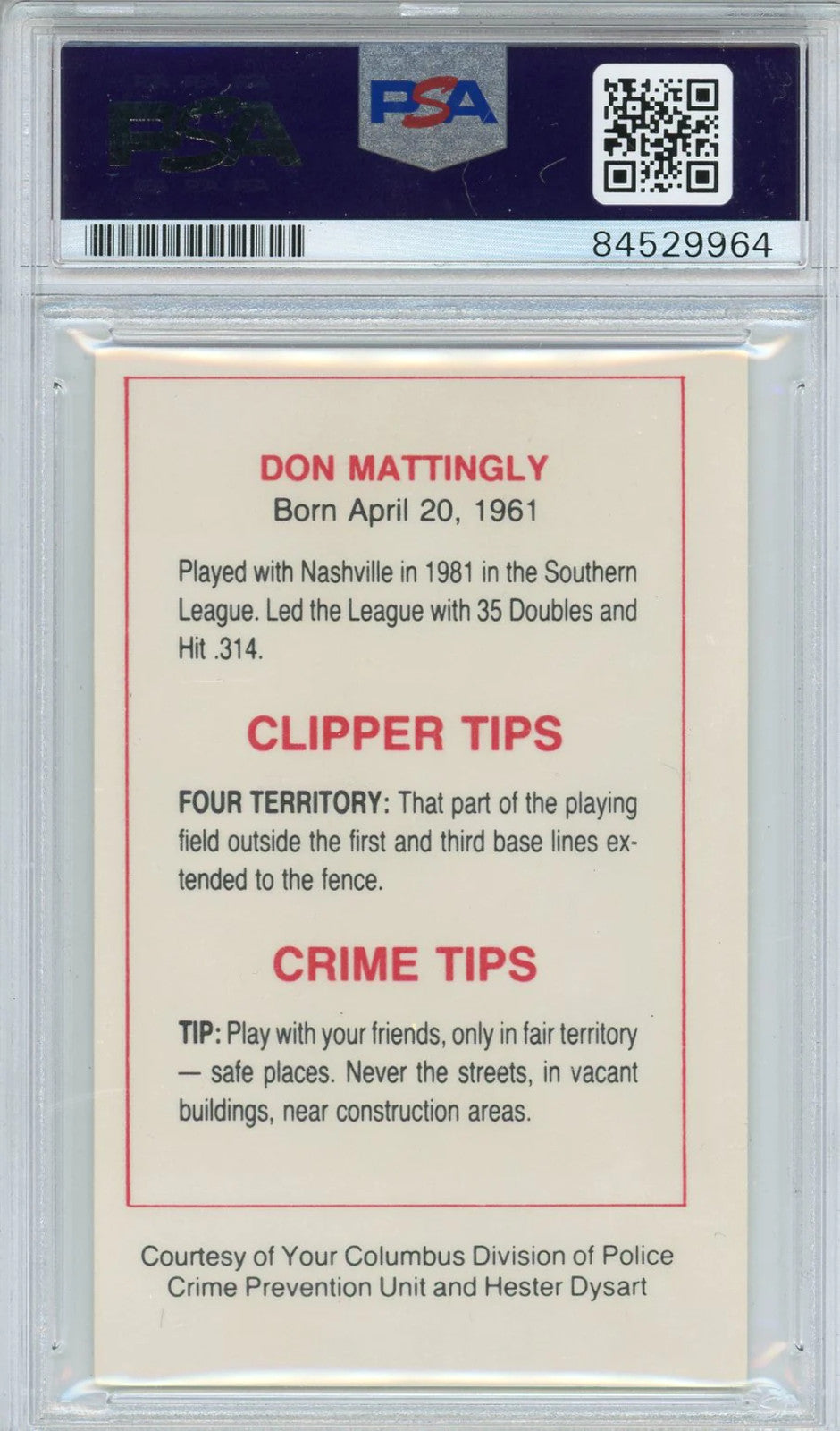 Don Mattingly Autographed 1982 Columbus Clippers Police Card (Psa)