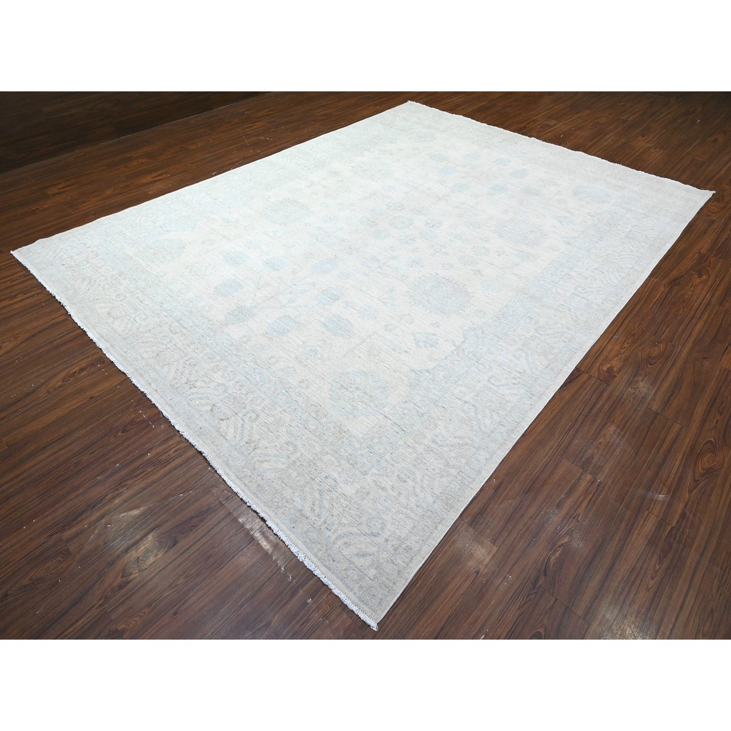 8'9"X11'7" Ivory Pure Wool White Wash Peshawar Hand Knotted Rug