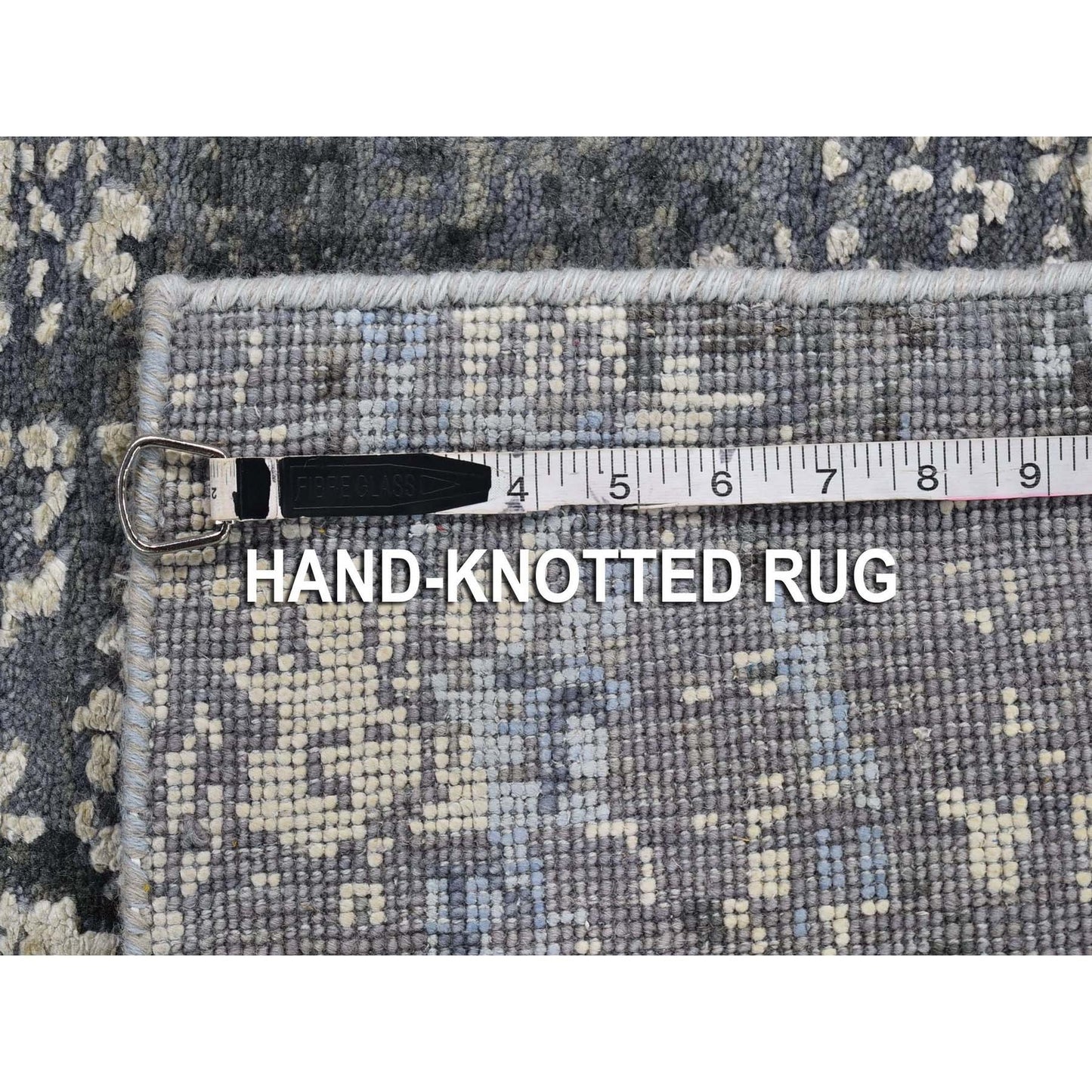 2'6"X10'2" Wool And Silk Abstract Design Gray Hand Knotted Runner Rug