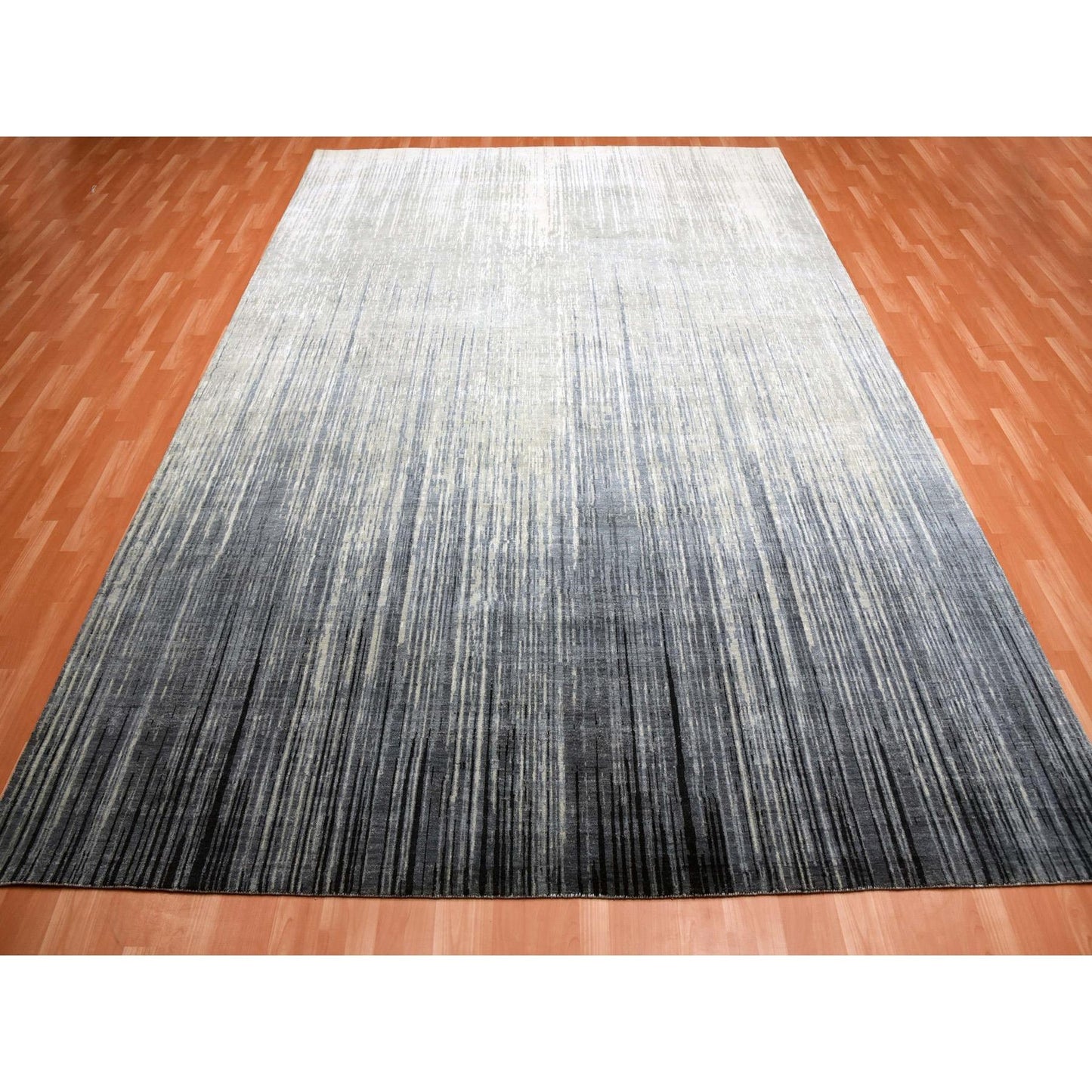 10'1"X14'2" Gray Pure Wool Hand Knotted Modern Ombre Design Rug