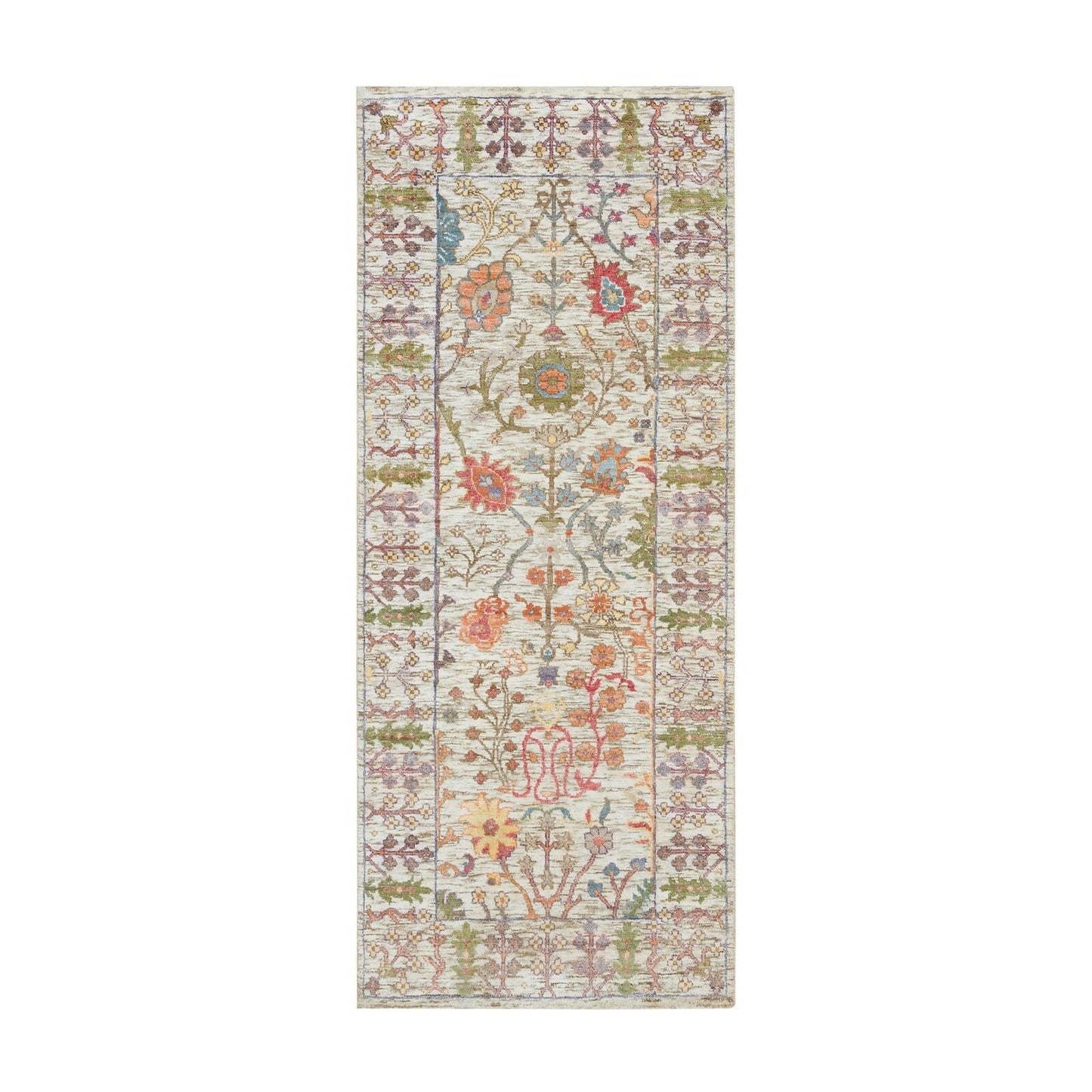 2'6"X6'2" Taupe Hand Knotted Directional Vase Design Silk/Wool Runner Rug