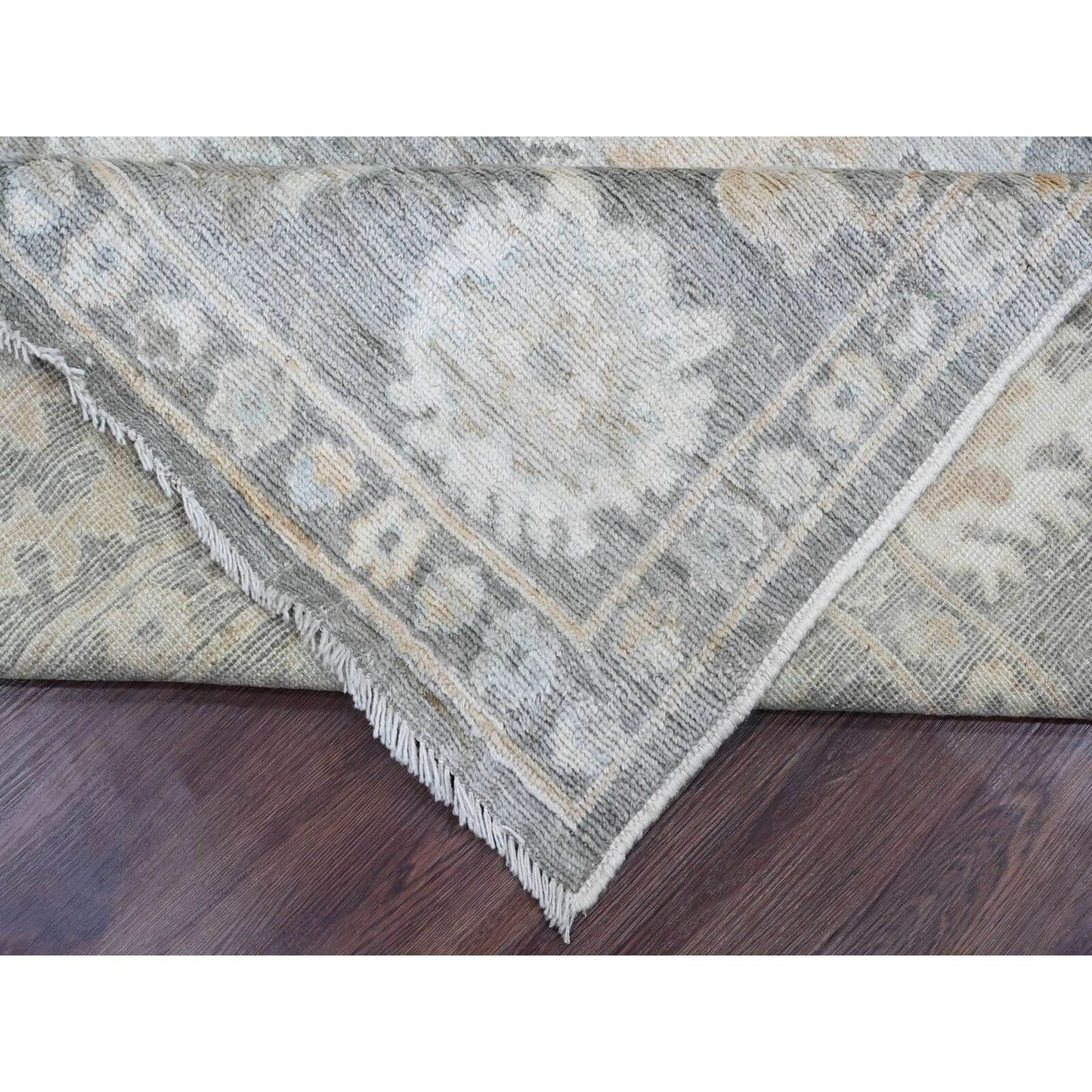 8'10"X11'10" Gray Afghan Angora Oushak Leaf Pattern Hand Knotted Wool Rug