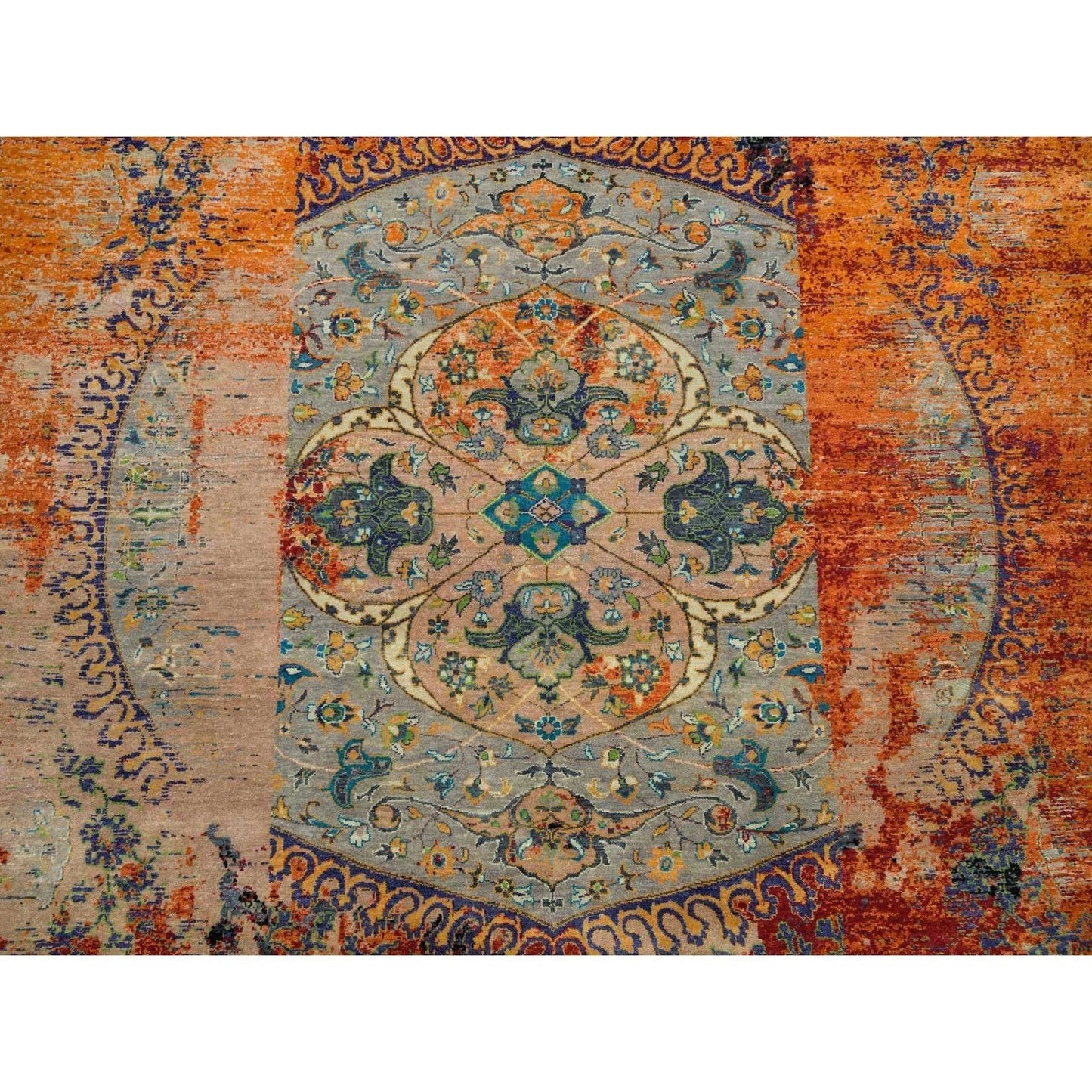 10'X10' Orange Ancient Ottoman Erased Design Wool Hand Knotted Round Rug