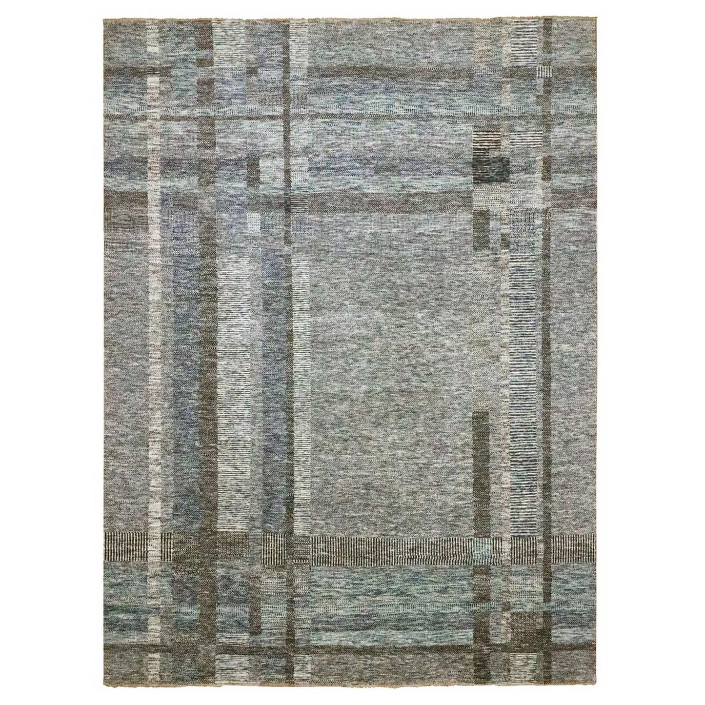 9'X12'1" Barely Blue Modern Geometric Plaid Design Wool Hand Knotted Rug
